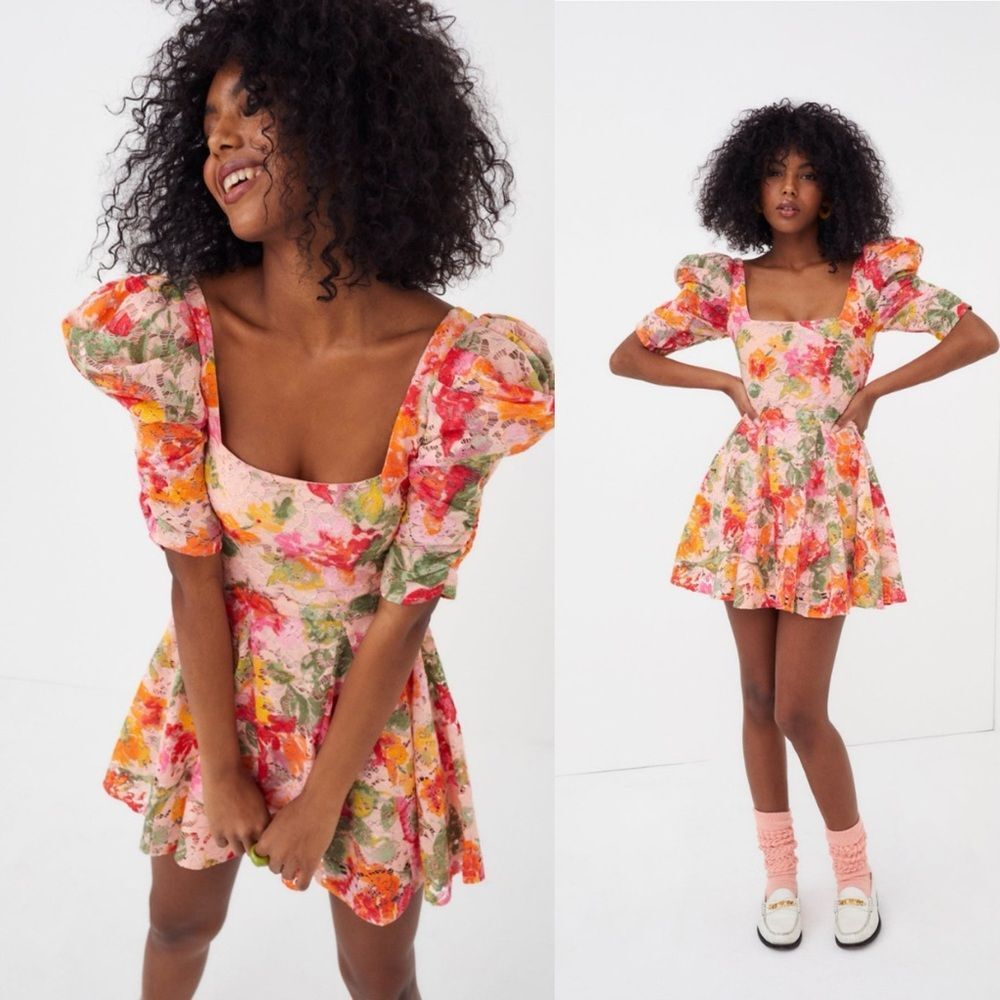 For Love and Lemons Dasha Floral Puff Sleeve Mini Dress Medium